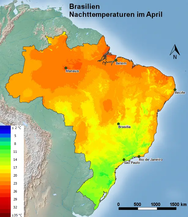 Brasilien Nachttemperatur April