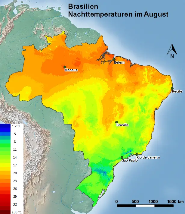 Brasilien Nachttemperatur August