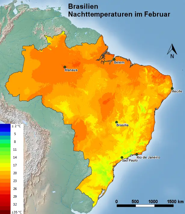 Brasilien Nachttemperatur Februar