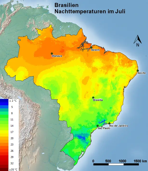 Brasilien Nachttemperatur Juli