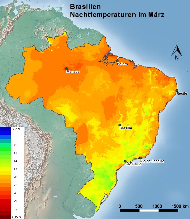Brasilien Nachttemperatur März