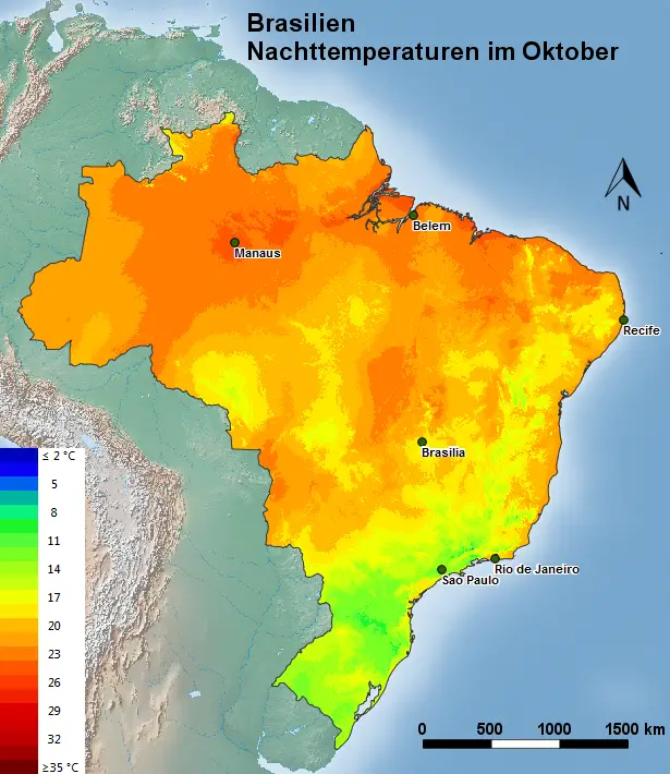 Brasilien Nachttemperatur im Oktober
