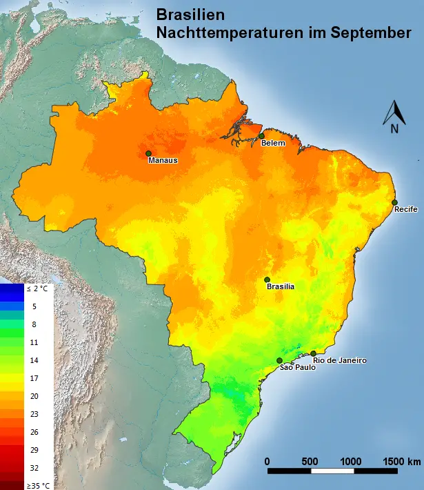 Brasilien Nachttemperatur September