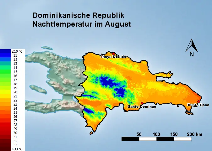 Dominikanische Republik Nachttemperatur August
