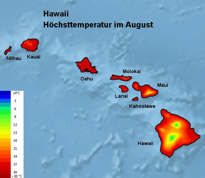 Hawaii Höchsttstemperatur August
