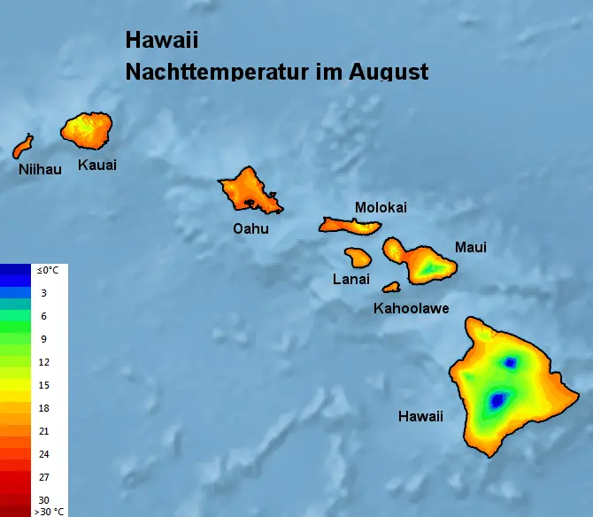 Hawaii Nachttemperatur August