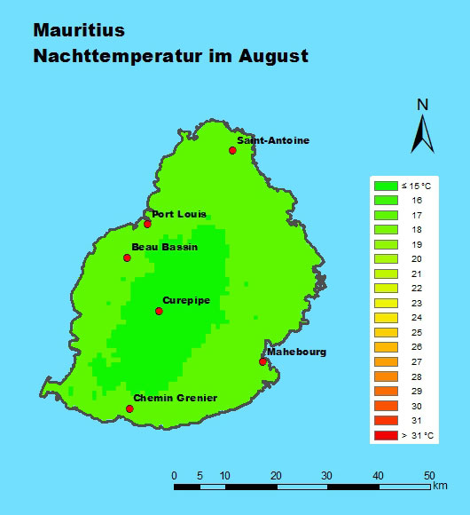 Mauritius Nachttemperatur im August