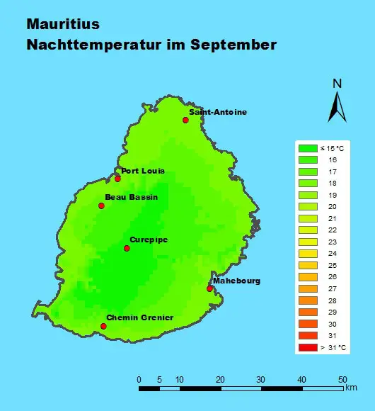 Mauritius Nachttemperatur im September