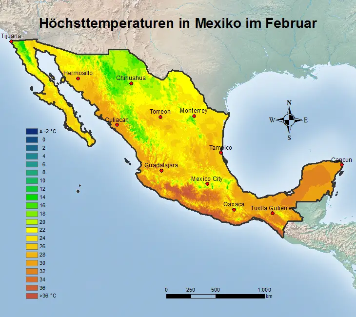 Mexiko Höchsttstemperatur Februar