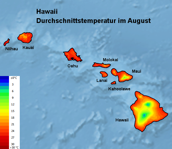 Hawaii Wetter im August Temperatur und Regen
