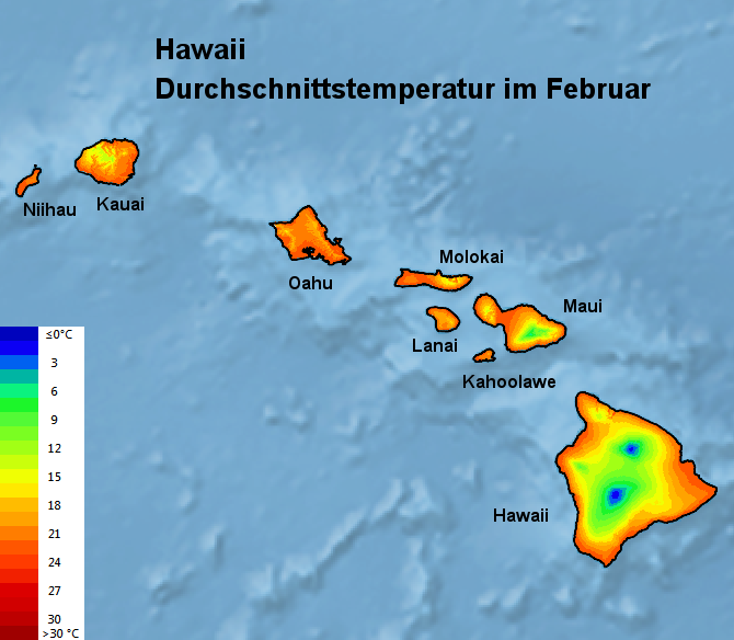 Hawaii Wetter im Februar Temperatur und Regen